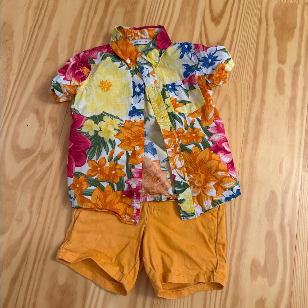 Janie and Jack Summer Matching Set Vibrant Floral Top and Orange Bottoms